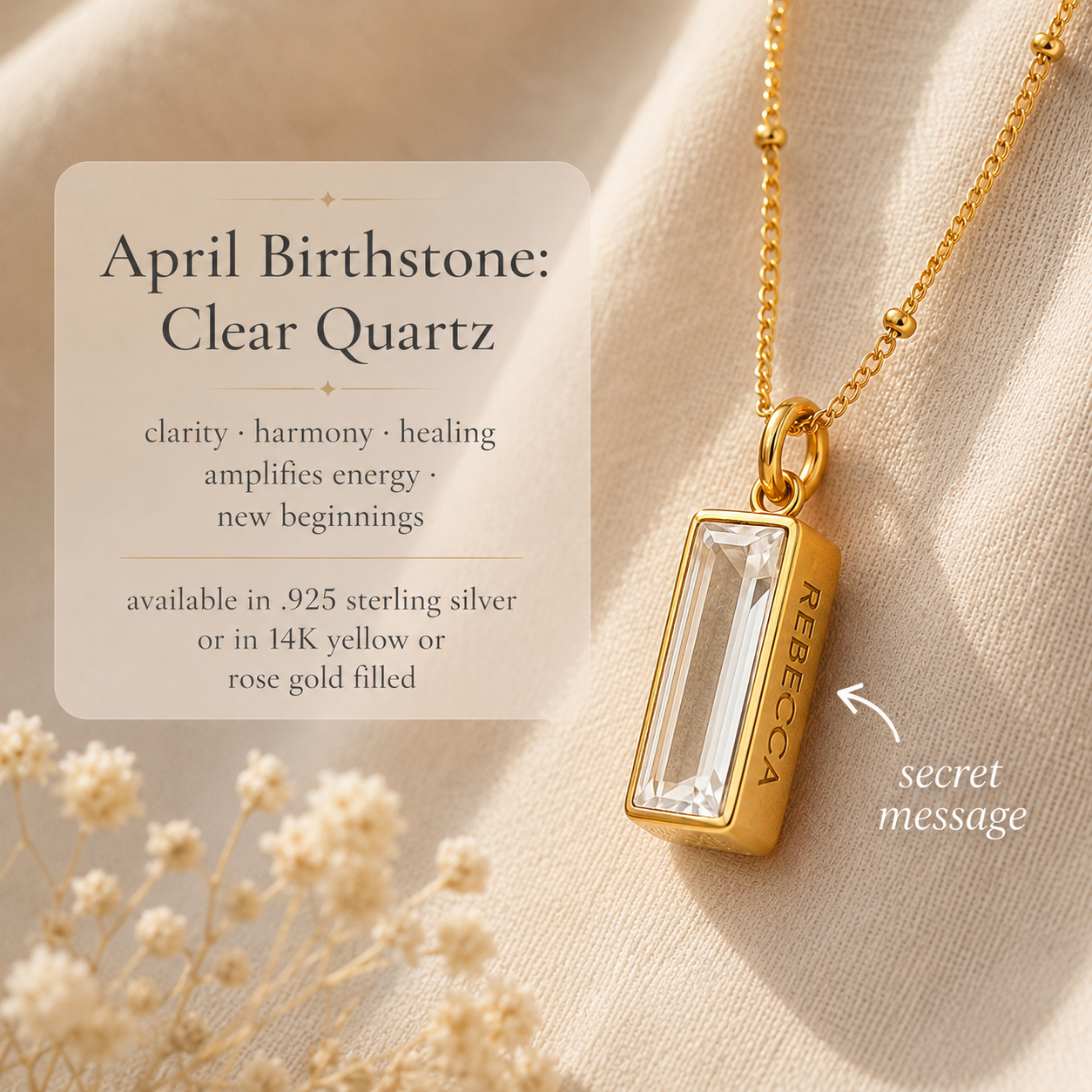 Clear Quartz Vertical Bar Necklace : April Birthstone : Adira Series