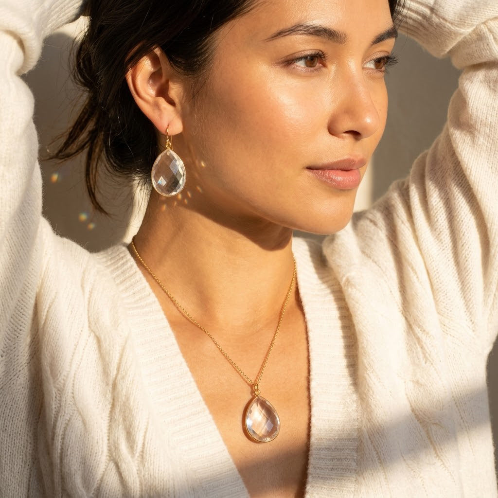 clear quartz drop earrings gold dainty april birthstone earrings on model