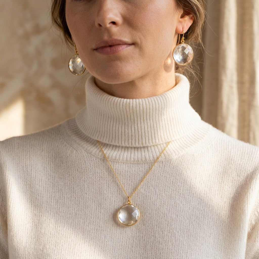 clear quartz jewelry set gold earrings and necklace april birthstone