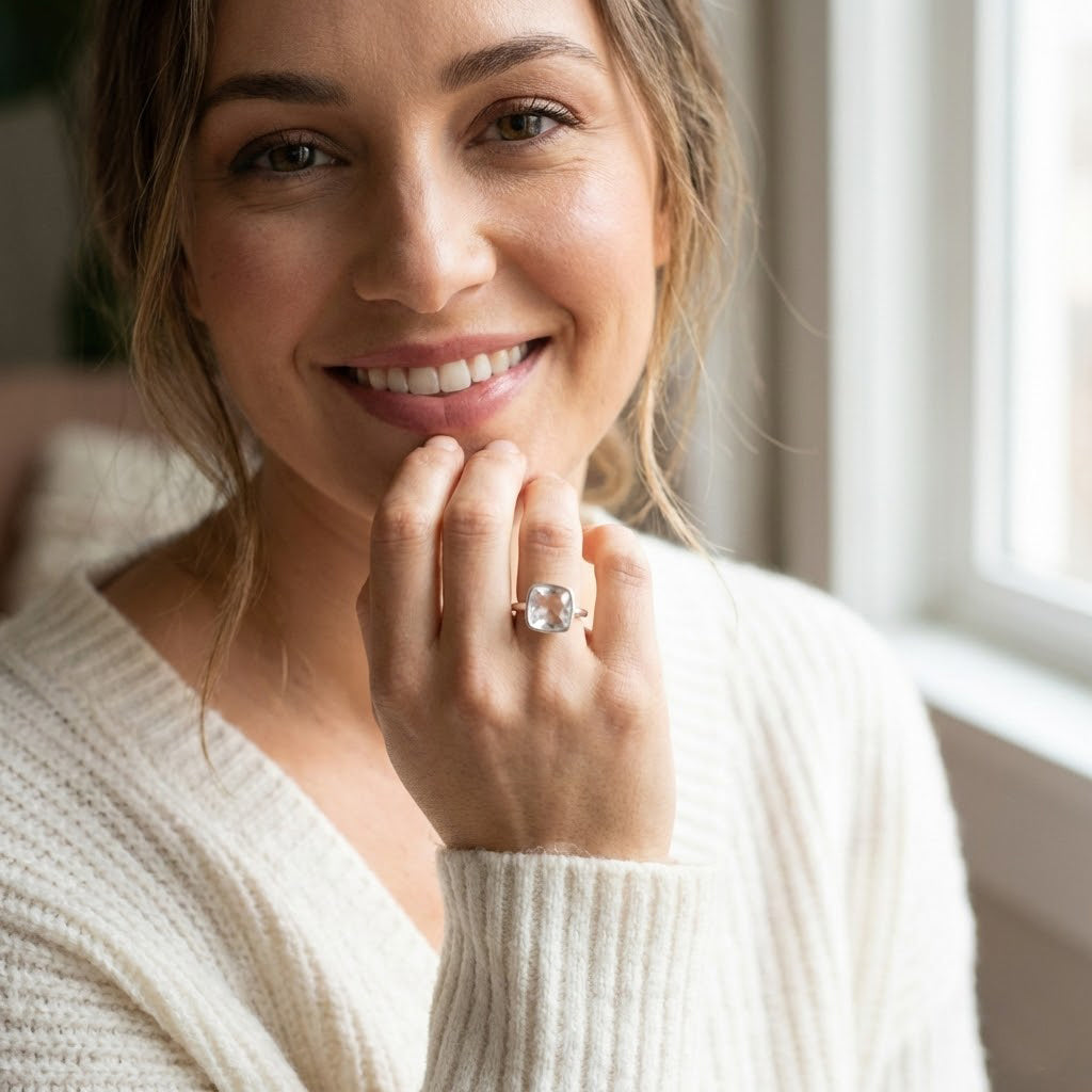 Woman wearing cushion cut clear quartz gold ring, 9mm square transparent gemstone in modern bezel setting, April birthstone jewelry styled in natural light, minimalist diamond alternative ring, elegant gold stacking birthstone ring, handcrafted fine jewelry for women, square bezel set white quartz statement ring gift