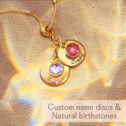 Close-up of a gold personalized mom or grandmother necklace with birthstone charm, showcasing detailed engraving, vibrant colors, and luxe finish. A stylish, durable keepsake for new grandma gifts or meaningful family jewelry.