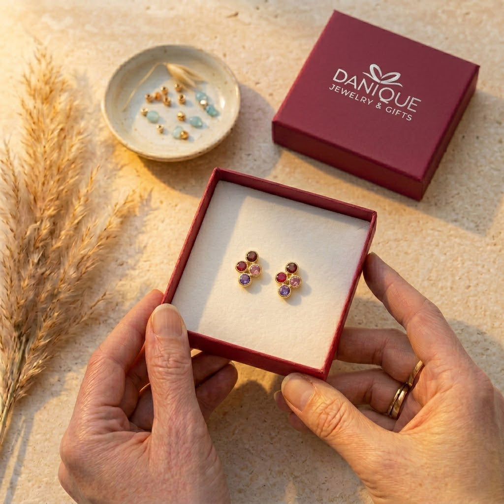 Custom family birthstone earrings presented in Danique Jewelry gift packaging for mom, grandma or her