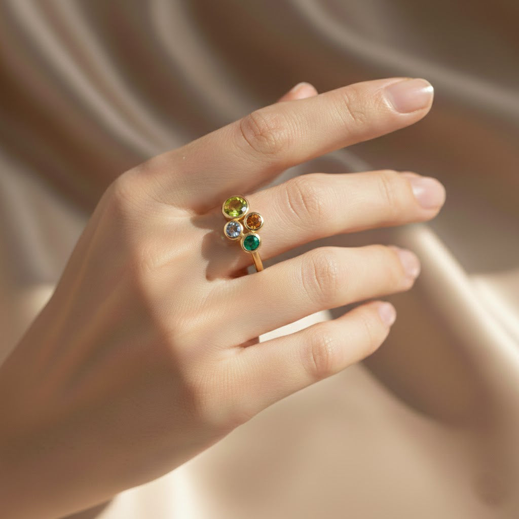 custom birthstone ring for mom of three featuring three vibrant round gemstones set in a dainty gold vermeil band, elegant cluster design with rich jewel tones symbolizing each child, personalized family birthstone ring crafted in sterling silver or 18k gold vermeil, meaningful Mother’s Day or birthday gift for mom, sentimental jewelry piece celebrating motherhood, handcrafted high-quality materials with brilliant sparkle and timeless modern style