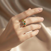 custom birthstone ring for mom of three featuring three vibrant round gemstones set in a dainty gold vermeil band, elegant cluster design with rich jewel tones symbolizing each child, personalized family birthstone ring crafted in sterling silver or 18k gold vermeil, meaningful Mother’s Day or birthday gift for mom, sentimental jewelry piece celebrating motherhood, handcrafted high-quality materials with brilliant sparkle and timeless modern style