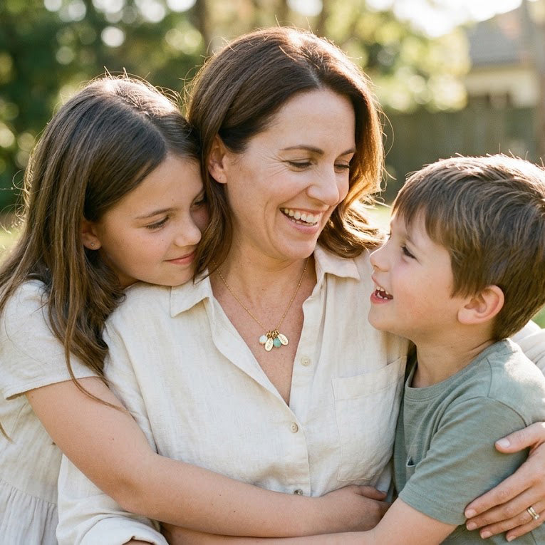 Mother with son and daughter wearing a personalized birthstone necklace with kids names and gemstones.
