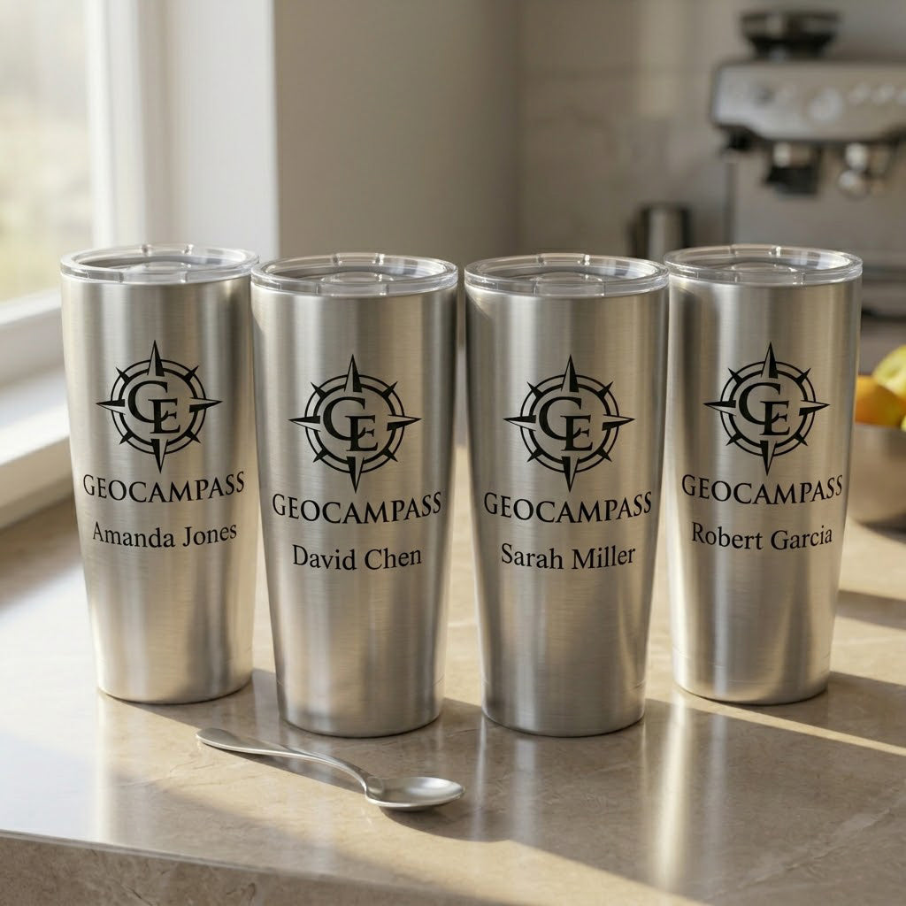 Silver engraved stainless steel tumblers with custom monogram logo designs, perfect for business gifts, teams, or personalized drinkware.