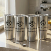 Silver engraved stainless steel tumblers with custom monogram logo designs, perfect for business gifts, teams, or personalized drinkware.