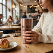 Woman holding a personalized copper coffee tumbler engraved with “Sophia’s Coffee” in a cozy café setting with pastry and warm lights.