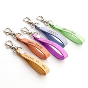 Leather engraved keychains with silver lobster clasp custom engraved for bridesmaids, wedding parties, handwriting from a photo, special names and coordinates.