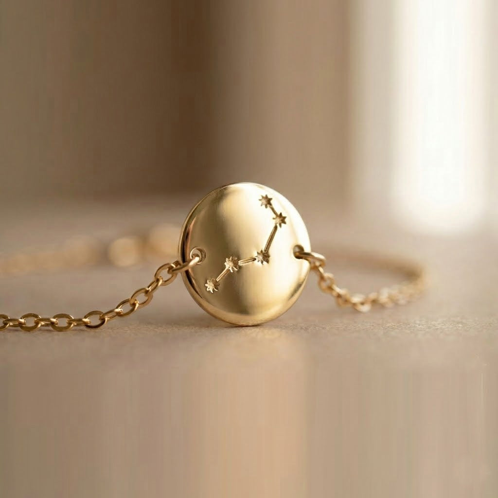 Personalized zodiac constellation bracelet featuring Aries and Taurus star engravings on a minimalist gold disc chain