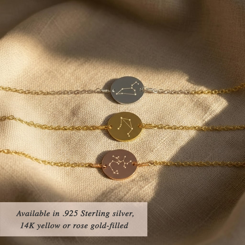 Minimalist zodiac sign bracelet showing Leo and Virgo constellations, elegant astrology jewelry for everyday wear