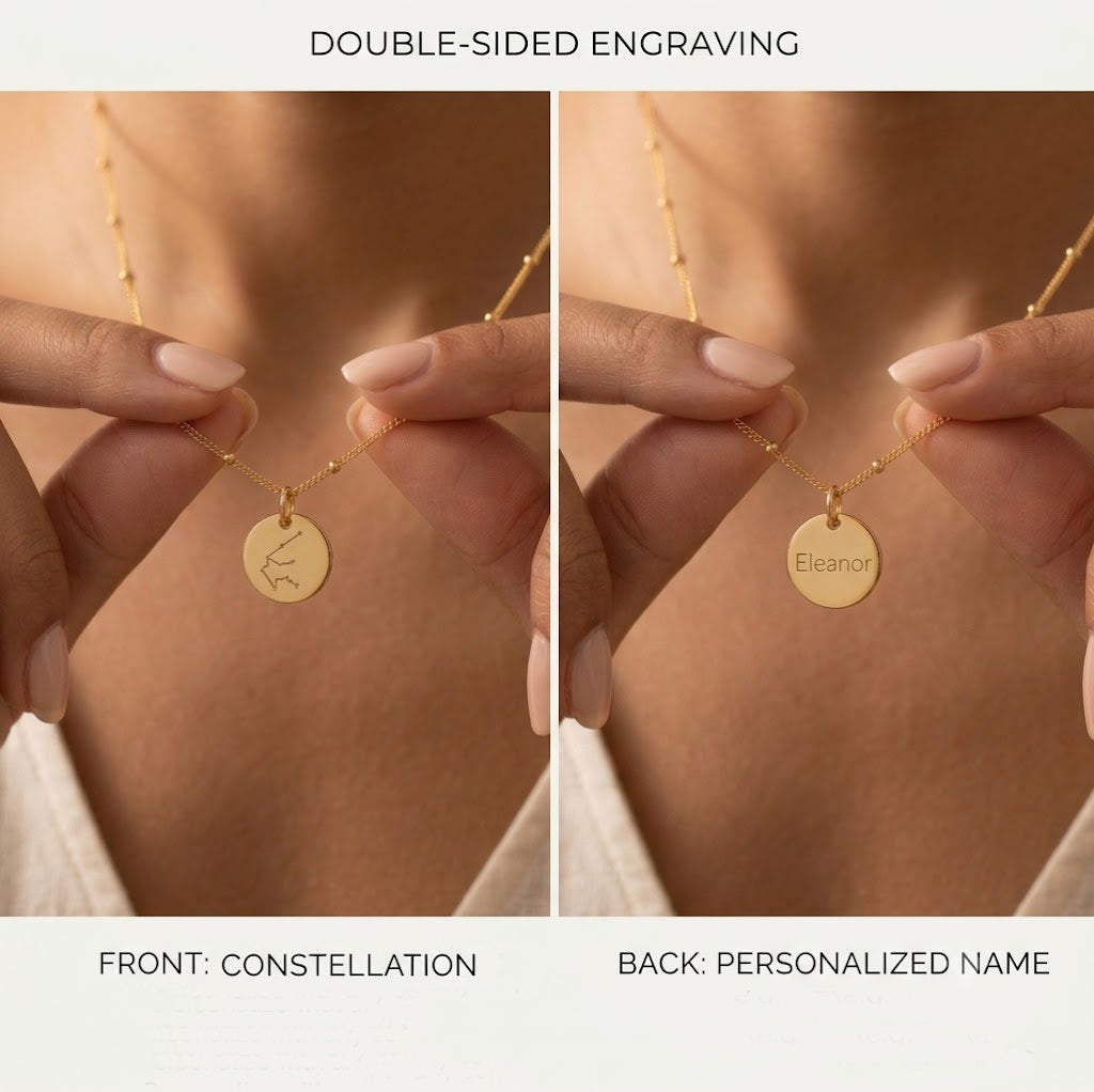 Double-sided constellation necklace showing front zodiac engraving and back personalized name engraving.