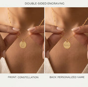 Double-sided constellation necklace showing front zodiac engraving and back personalized name engraving.