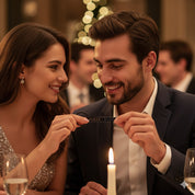 Romantic couple at dinner holding personalized fingerprint bar keychain with custom name engraving, unique couples gift idea, custom engraved keychain for boyfriend, husband or partner, perfect anniversary, Christmas or Valentine’s Day gift keepsake.