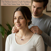 Woman wearing garnet baguette necklace with engraved bar pendant, dainty gold chain and deep red gemstone, personalized jewelry gift for her with elegant minimalist styling