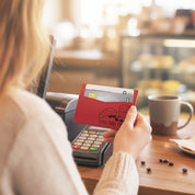 Lifestyle photo of woman using custom engraved leather card holder, personalized minimalist wallet for everyday use, engraved leather gift for her.