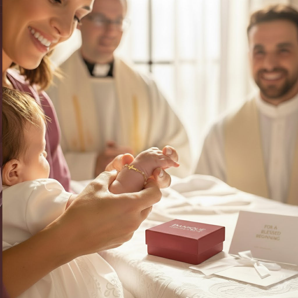 Personalized cross charm bracelet worn by a baby during a baptism ceremony, shown on infant’s wrist held by mother in a church setting. Custom engraved cross bracelet with delicate rosary-style chain, symbolic Christian jewelry gift for baptism, christening, dedication, or blessing. Meaningful keepsake gift for baby, godchild, goddaughter, or newborn, handcrafted in 925 sterling silver or 14k gold filled, presented in gift-ready jewelry box.