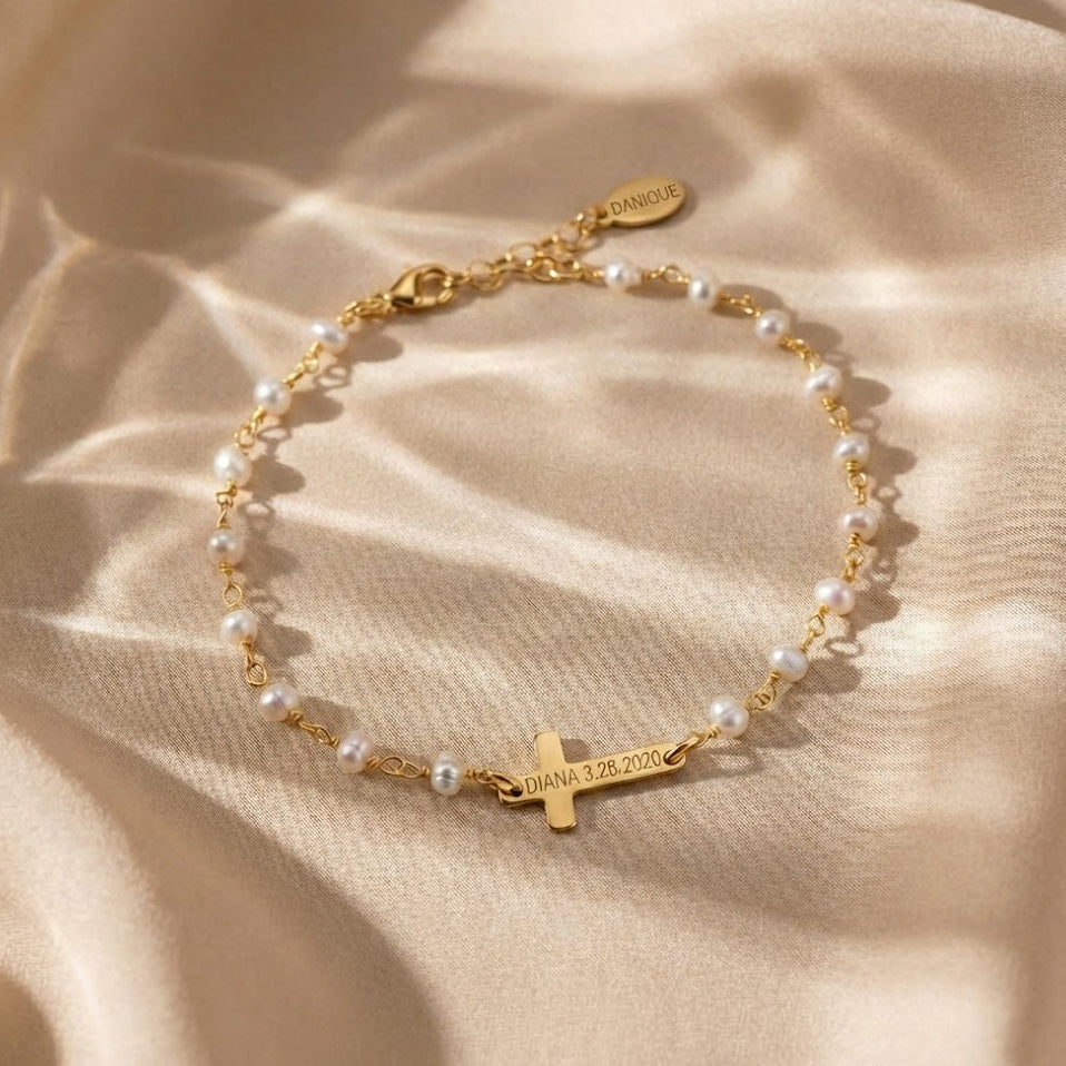 Custom engraved cross bracelet in 14K gold filled chain with personalized name-plate; dainty women’s faith jewelry gift for mom, daughter, or best friend.