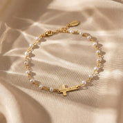 Custom engraved cross bracelet in 14K gold filled chain with personalized name-plate; dainty women’s faith jewelry gift for mom, daughter, or best friend.