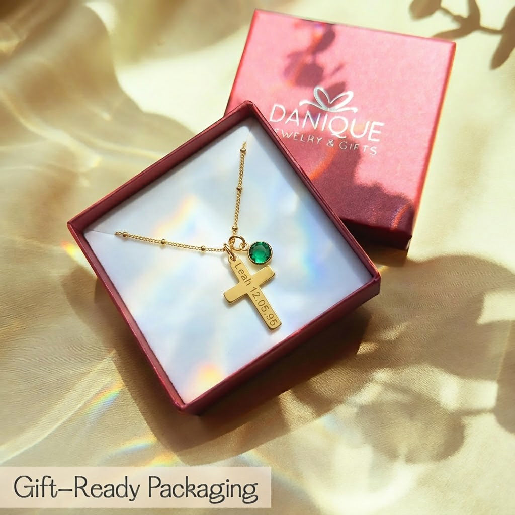 Gift-ready box with custom engraved cross necklace and birthstone charm, personalized Christian gift for her