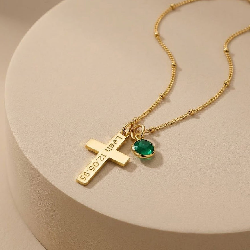 Custom engraved cross necklace with emerald birthstone charm in gold, personalized Christian necklace for mom