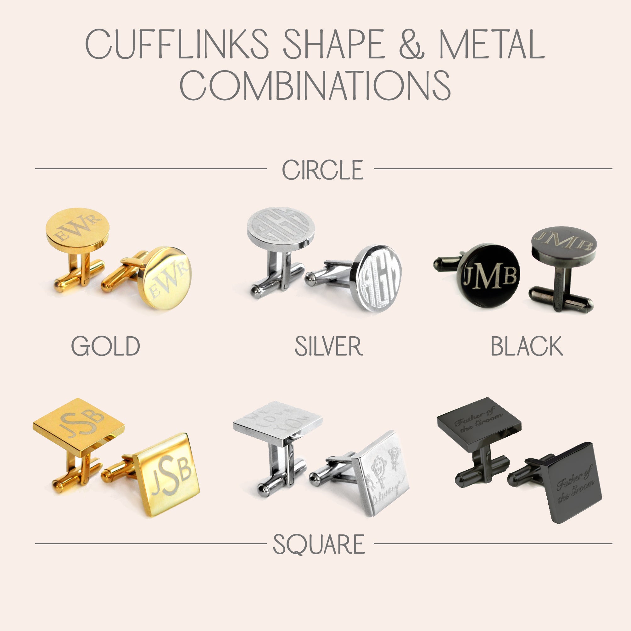 cufflink shape and metal combinations. mens anniversary gifts, gifts for men, christmas gifts for him, valentine's day gifts for men, gift for husband, gift for fiance, father's day gift, birthday gift, wedding anniversary gift, wedding party gift, father of the groom gift, father of the bride gift, gift for grandfather, gift for grandpa, groomsman gift, groomsmen gift, professional gift, promotion gift, grad gift, graduate gift, prom gift, gift for him, gift for husband