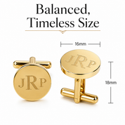 Gold cufflinks with 'JRP' engraving and measurements on a white background. Square personalized metal cufflinks crafted from stainless steel and engraved with a custom monogram, name, or significant date, designed to elevate formalwear while serving as a sentimental keepsake for weddings and milestone events.