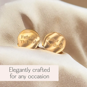 Gold round cufflinks engraved with “Father of the Bride” displayed on soft ivory fabric. Perfect wedding cufflinks for father of the bride, groom, best man, or groomsmen. A meaningful gift for wedding day, bridal party, or rehearsal dinner. Custom cuff links designed for elegant formalwear and special occasions. Ideal wedding accessory for suits and tuxedos, and a thoughtful keepsake for father of the groom, usher, or officiant. Personalized wedding gift idea for him, celebrating love and family.