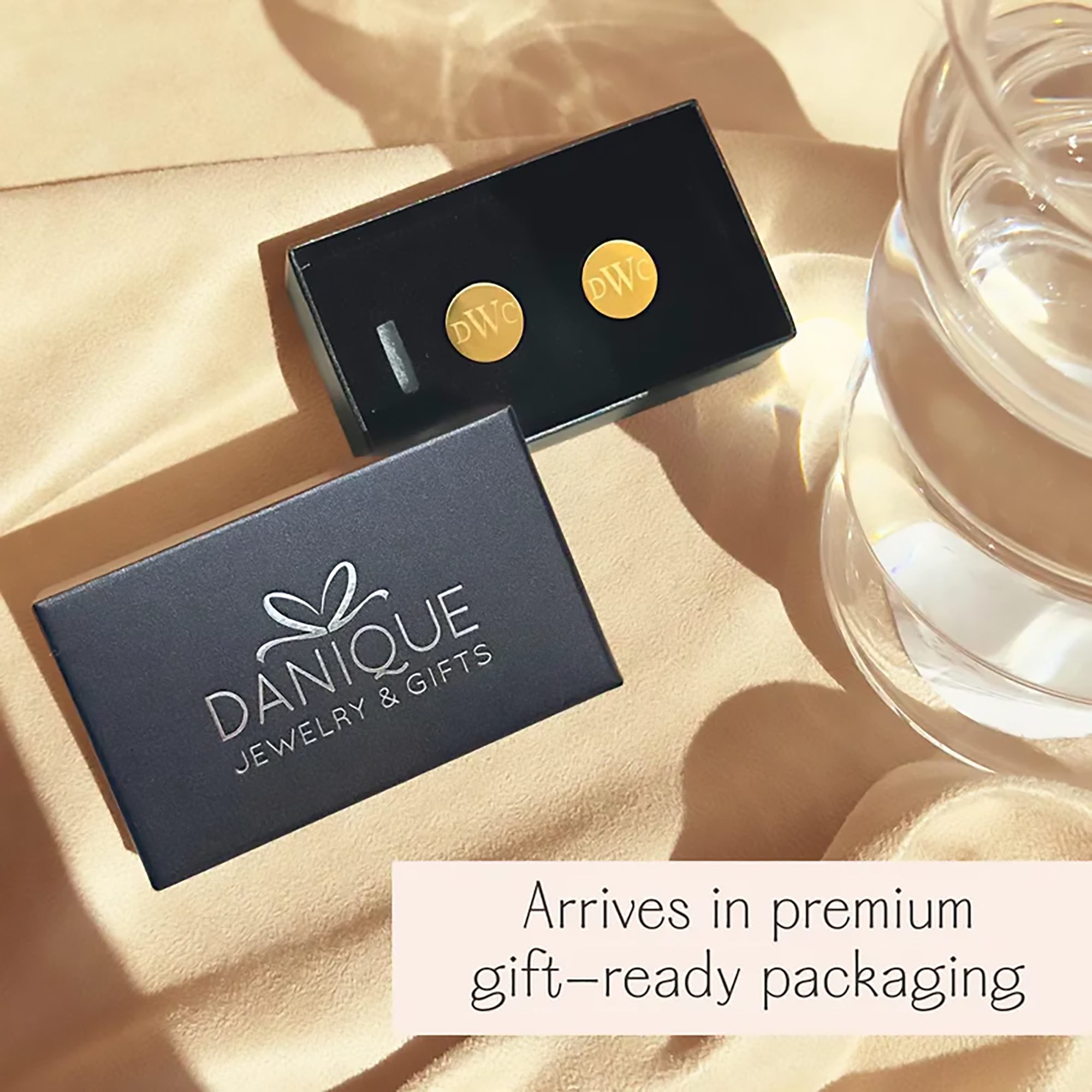 gifting ready! gold pair of monogrammed cufflinks in danique gift box. gift giving ready. gift ready. mens anniversary gifts, gifts for men, christmas gifts for him, valentine's day gifts for men, gift for husband, gift for fiance, father's day gift, birthday gift, wedding anniversary gift, wedding party gift, father of the groom gift, father of the bride gift, gift for grandfather, gift for grandpa, groomsman gift, groomsmen gift