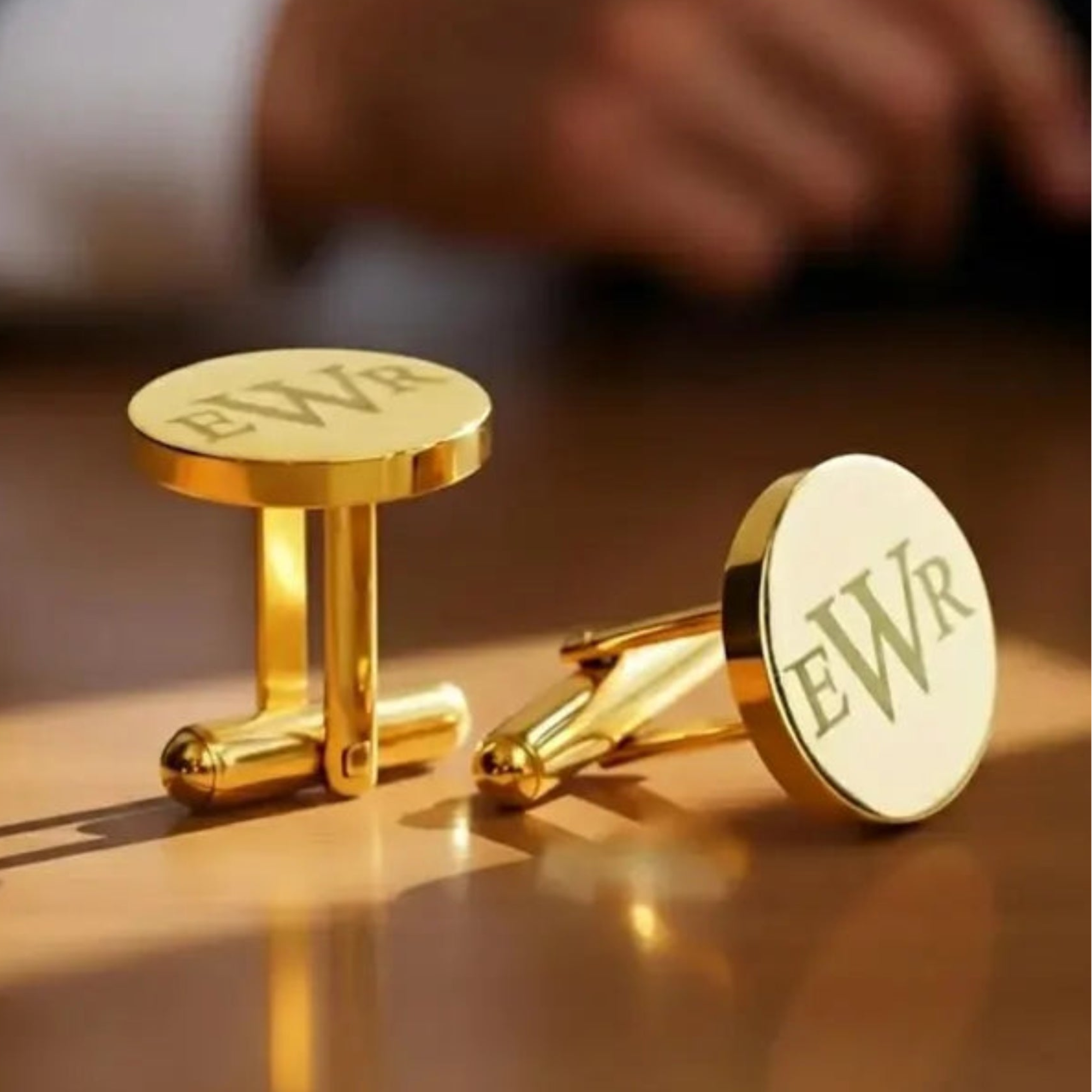 Custom engraved stainless steel cufflinks personalized with initials EWR in a modern monogram style, designed as a timeless wedding accessory for grooms, groomsmen, or formal events, featuring a polished silver finish and secure backing for everyday elegance.