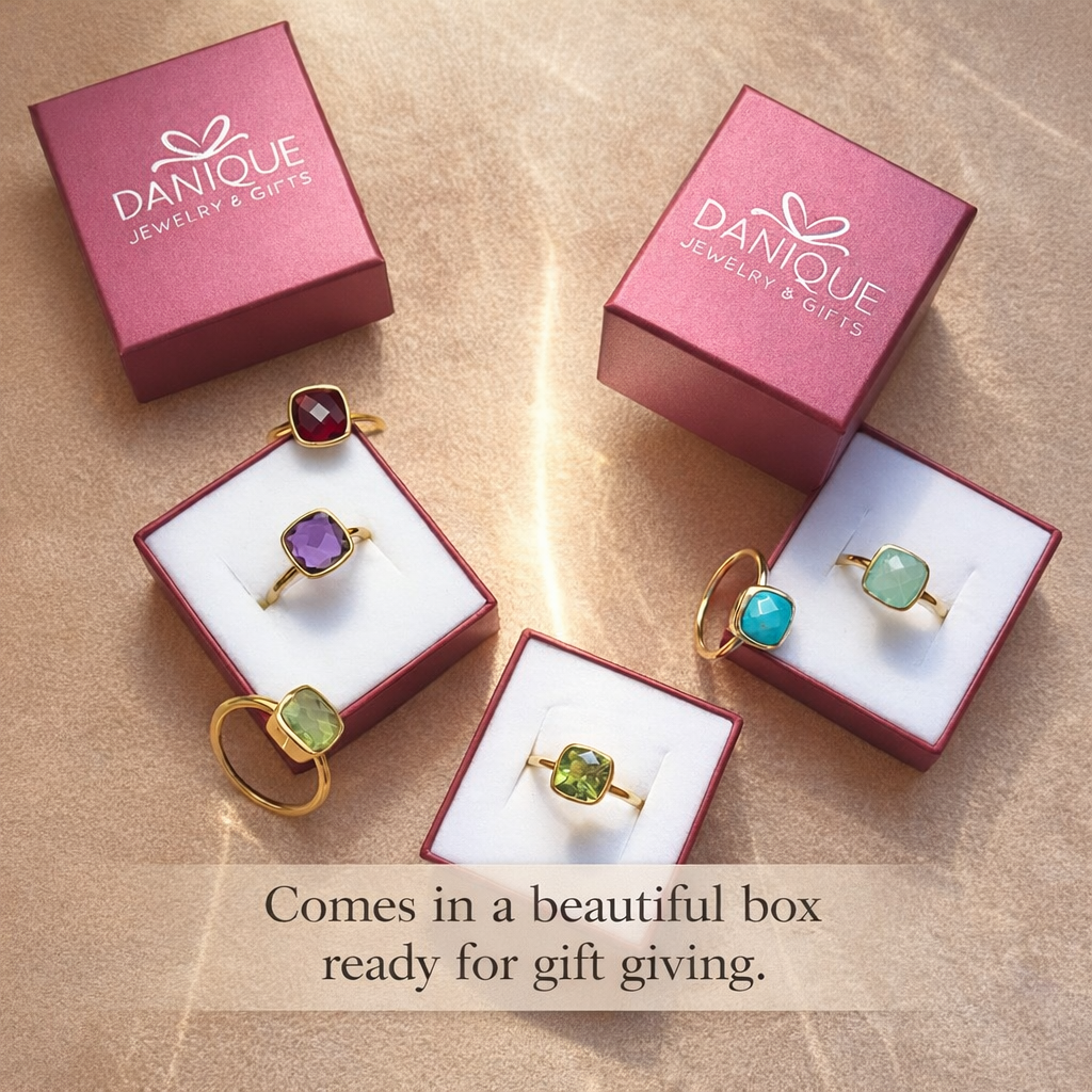 Green onyx cushion cut bezel set ring presented in a Danique Jewelry gift box, ready for gift giving. Elegant gemstone ring packaging ideal for birthdays, holidays, or special occasions.