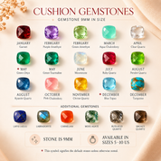 Cushion gemstone chart showing available 9mm stone options for custom gemstone rings, including emerald quartz and birthstones.