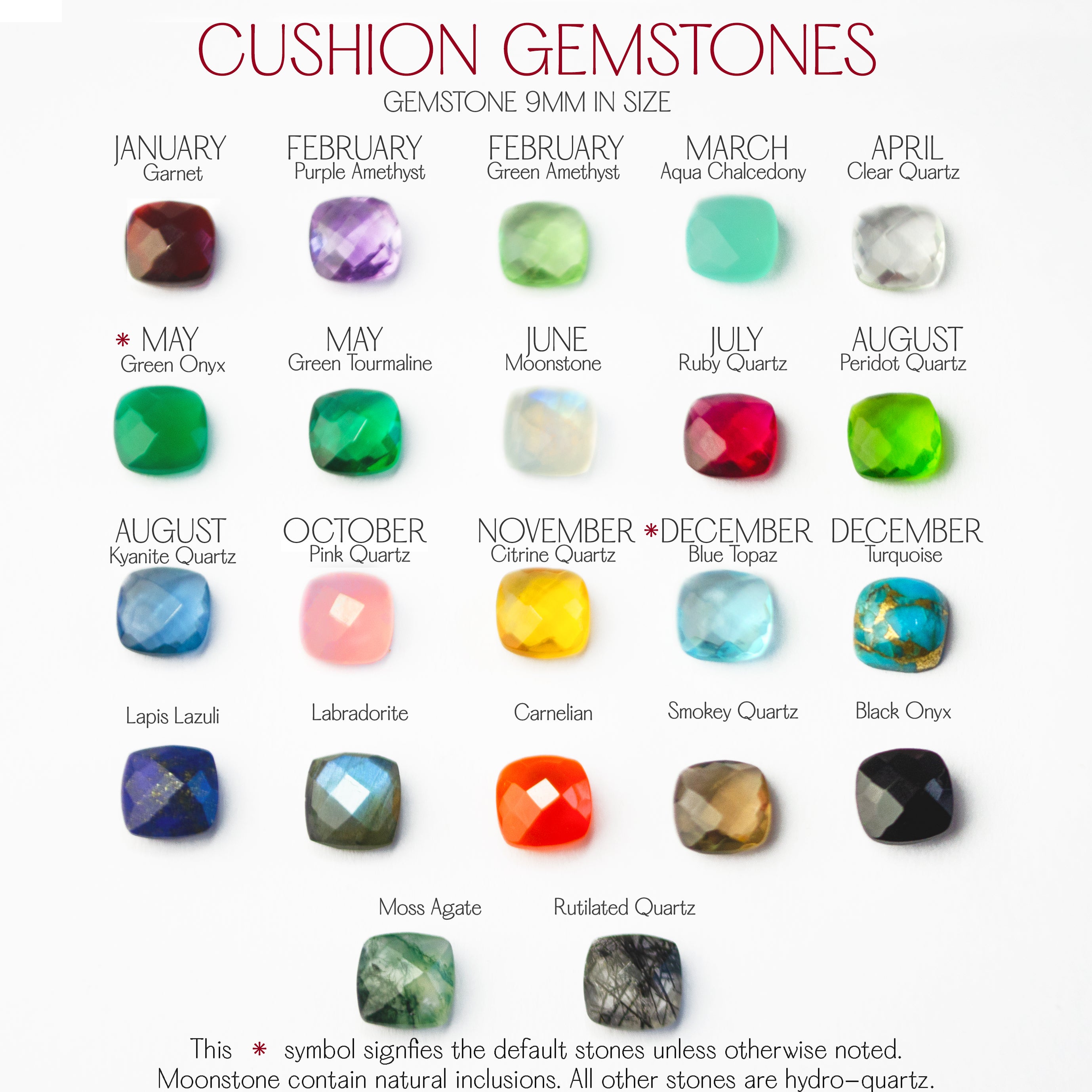 Cushion gemstone chart displaying 9mm cushion cut gemstones arranged by month and stone name, including garnet, purple amethyst, green amethyst, aqua chalcedony, clear quartz, green onyx, green tourmaline, moonstone, ruby quartz, peridot quartz, kyanite quartz, pink quartz, citrine quartz, blue topaz, turquoise, lapis lazuli, labradorite, carnelian, smokey quartz, black onyx, moss agate, and rutilated quartz. Birthstone reference chart for cushion cut gemstone jewelry.