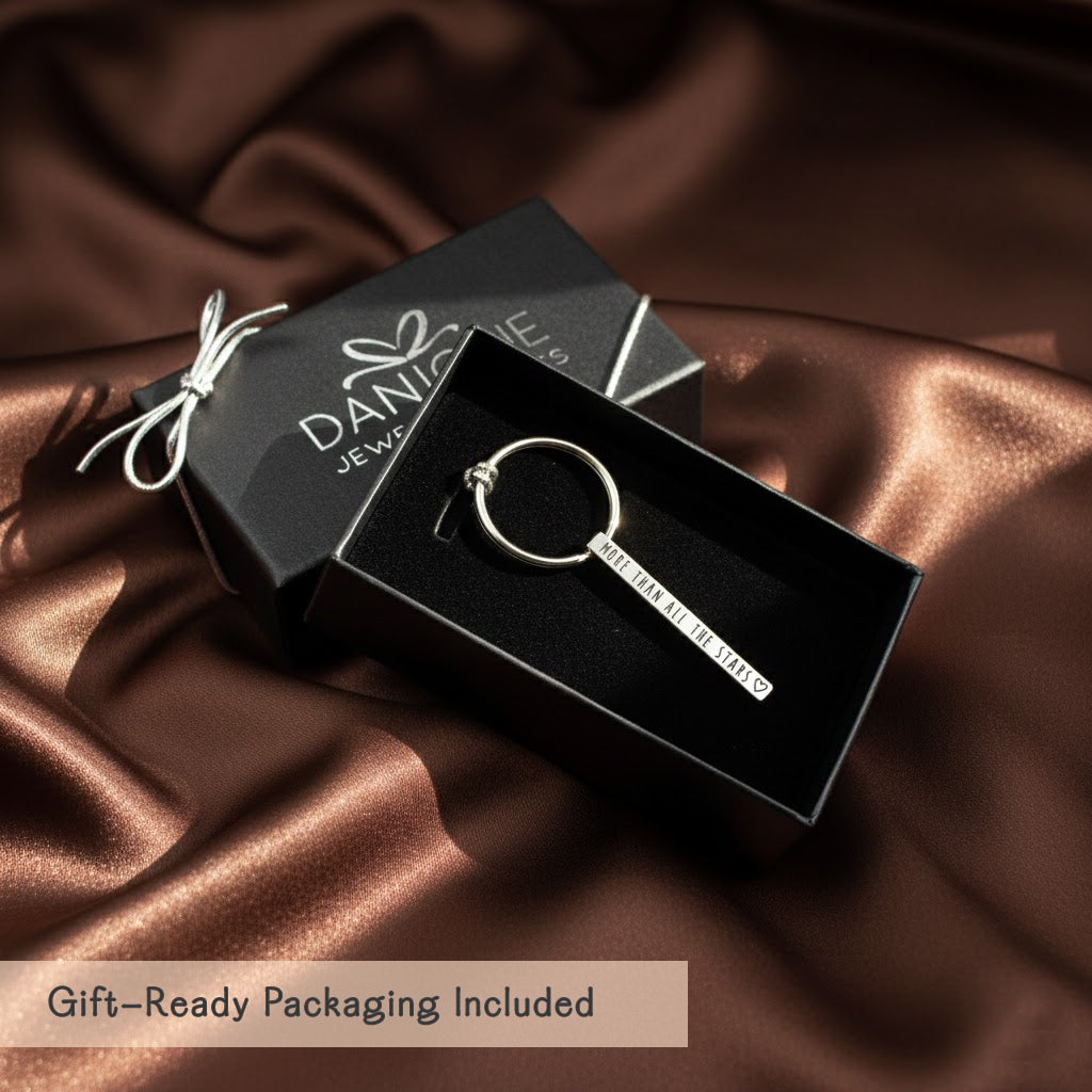 Gift ready packaging for personalized engraved bar keychain custom keyring from Danique Jewelry