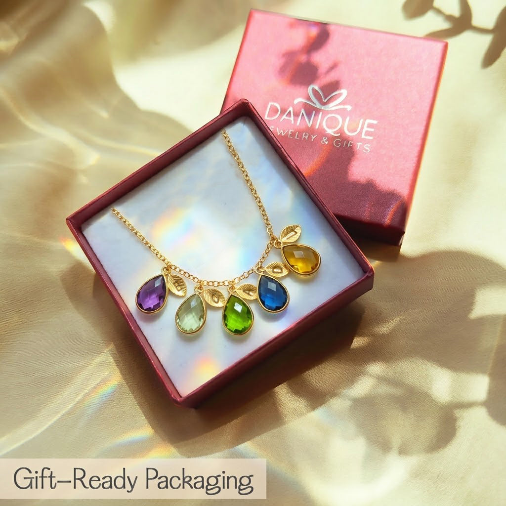 Gift-ready packaging for custom birthstone and initial charm bracelet, personalized jewelry gift box