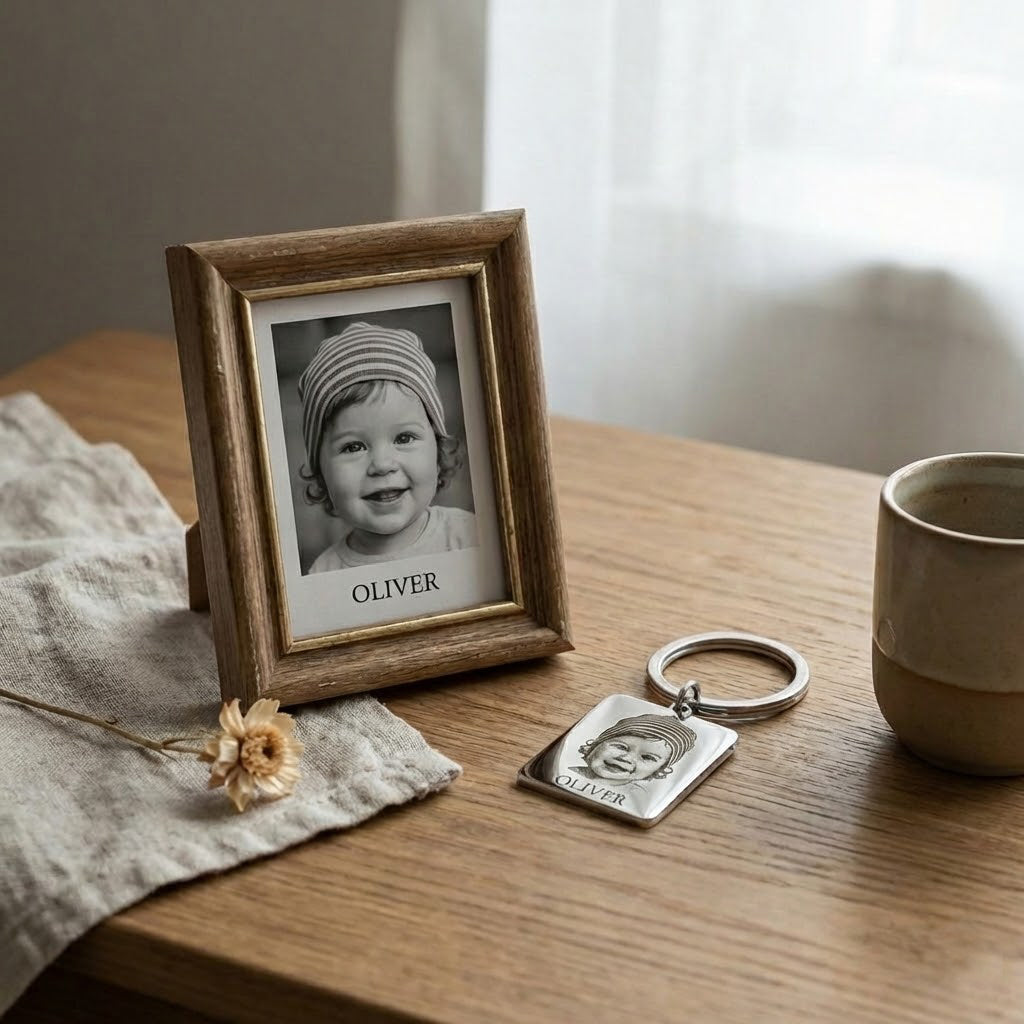 Personalized baby photo keychain engraved from a real photograph, displayed beside framed nursery decor and baby keepsakes. This custom baby picture keychain features a square stainless steel charm engraved with a baby portrait, creating a sentimental keepsake gift for new moms, parents, or grandparents. Ideal as a newborn keepsake, baby memory gift, or personalized photo keychain that preserves a child’s earliest moments in a timeless way.