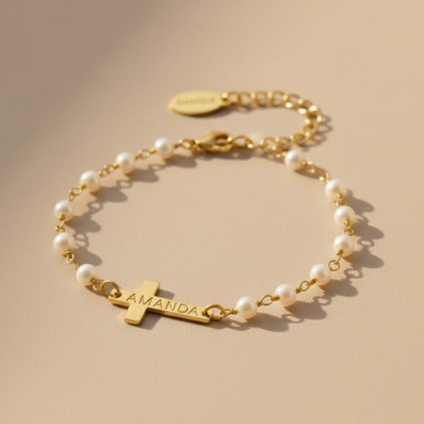 Baptism Bracelet – Personalized Name Cross & Natural Pearl Bracelet, Christening First Communion Confirmation Gift Gold Silver Name Jewelry