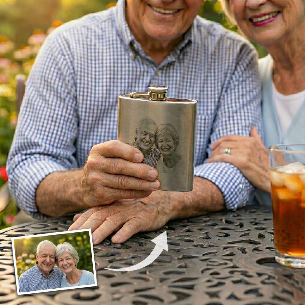 Personalized stainless steel flask held by an older couple, highlighting sentimental engraving and meaningful personalization, custom flask gift for dad or grandfather, engraved hip flask made from durable stainless steel, thoughtful father’s day or retirement gift, classic personalized barware designed to celebrate family, milestones, and lasting memories