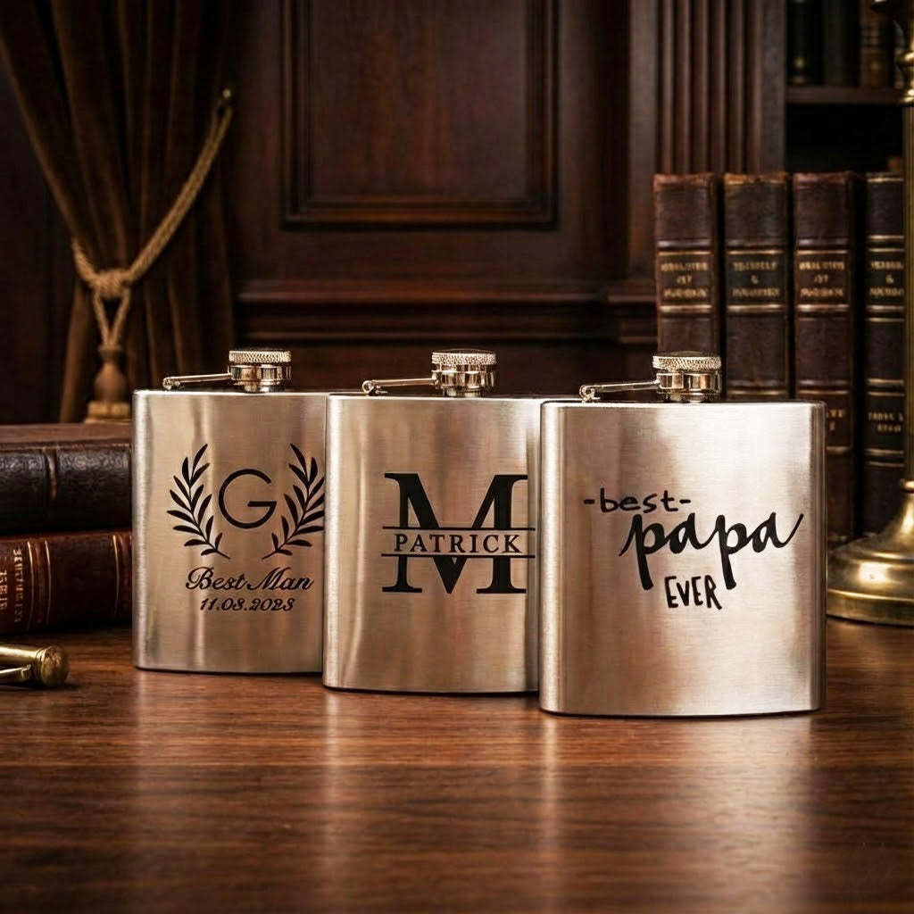 Personalized stainless steel flasks displayed with custom engraved monograms and names, showcasing brushed metal finish and elegant laser engraving, custom flask gift ideal for groomsmen, best man, and father’s day, engraved hip flasks designed as timeless keepsakes, durable stainless steel barware gift for weddings, anniversaries, and special celebrations, classic personalized gift for men