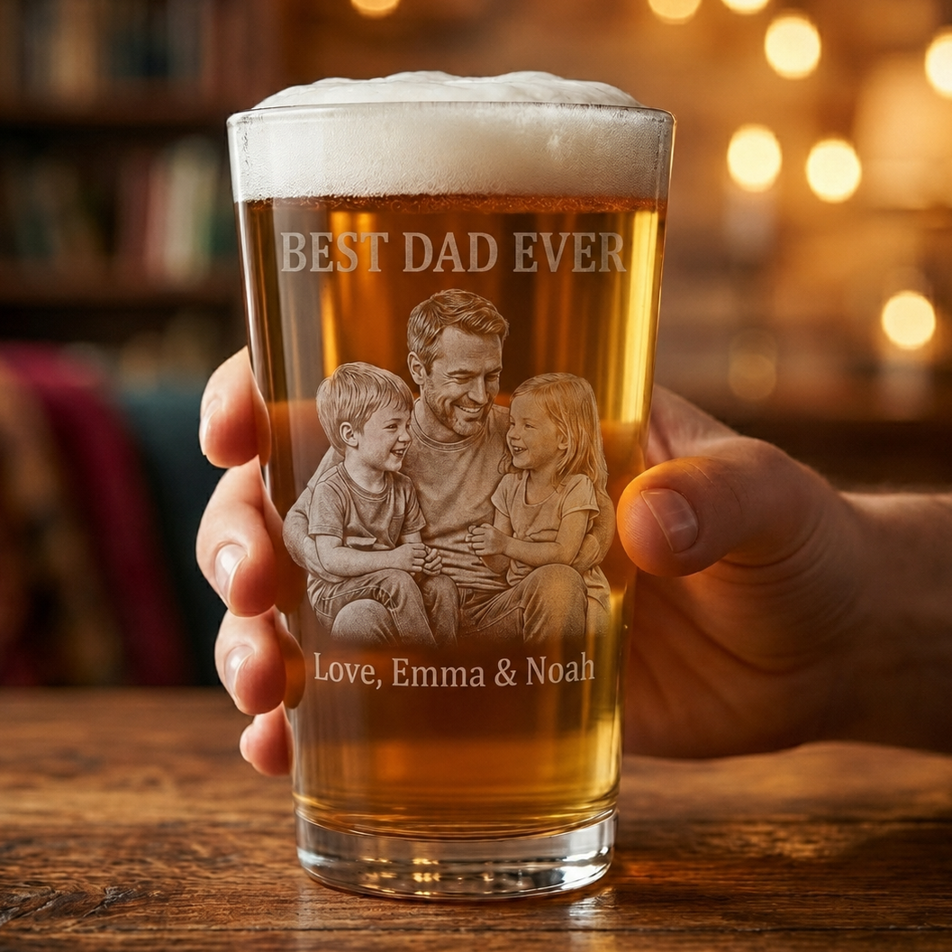 Custom photo engraved beer glass with Best Dad Ever design, family portrait, and personalized names for Father’s Day gift.