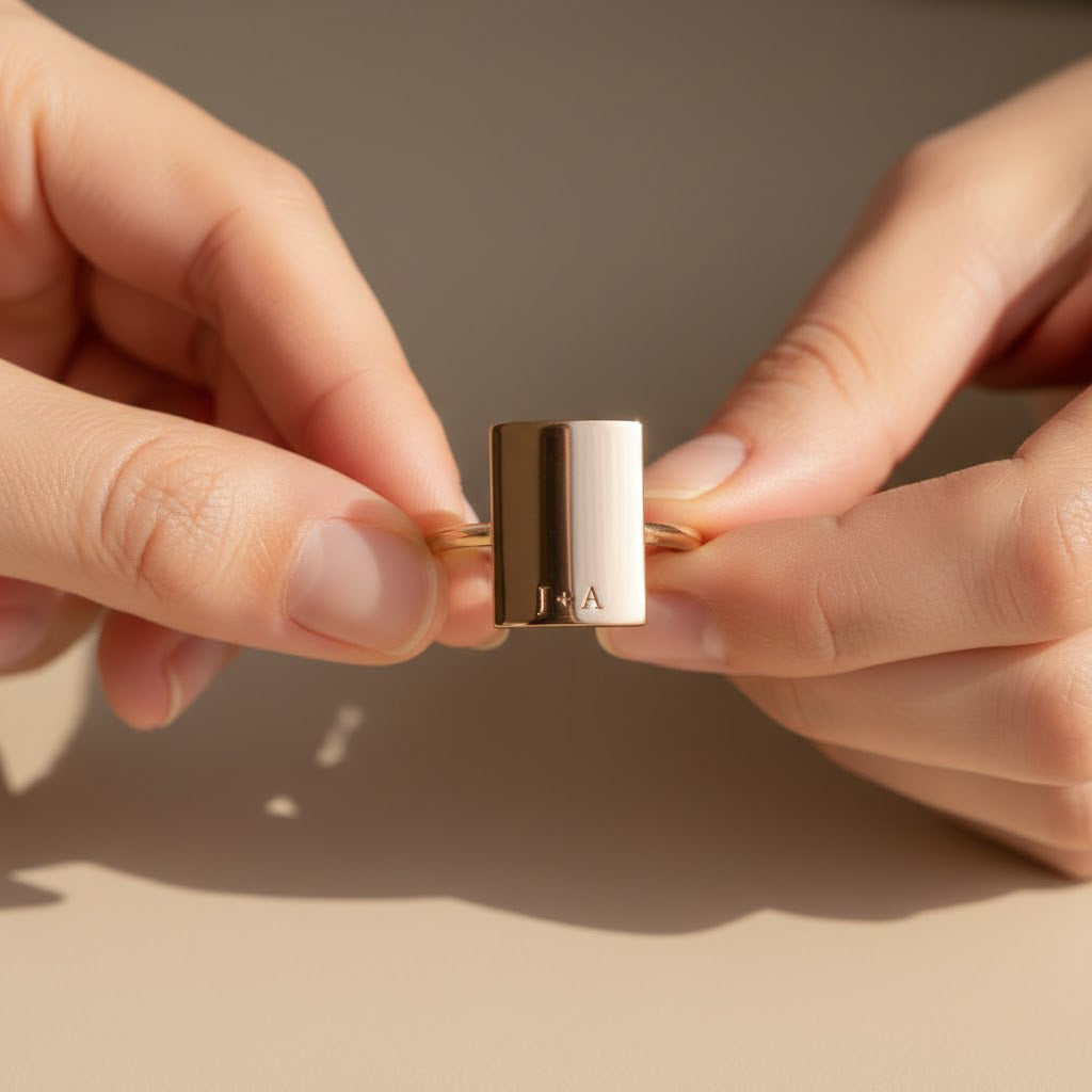 Personalized engraved rectangle ring shown in hands, custom name jewelry with vertical or horizontal alignment option, gold minimalist statement ring