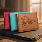 Custom engraved leather wallets in bright colors, including turquoise and raspberry, shown with rocket engraving design. Personalized leather wallet can be engraved with handwriting, initials, monogram, or coordinates for a meaningful gift. A stylish engraved wallet for men or boys, ideal personalized gift for Father’s Day, Christmas, or birthdays. Handcrafted wallet gift for husband, dad, or boyfriend.