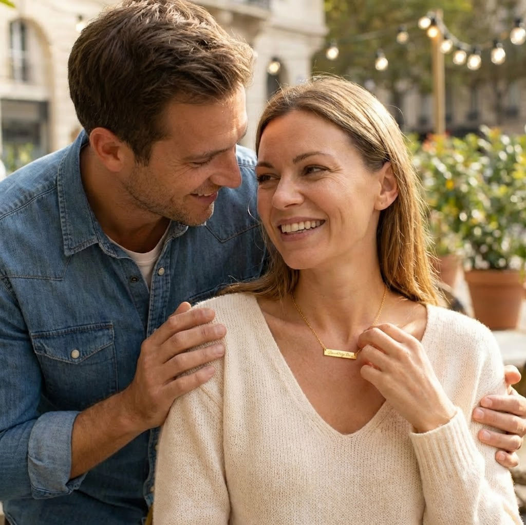 Custom name bar necklace layered with delicate gold chains is a great gift for couples