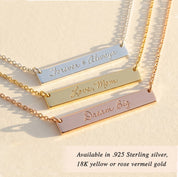 Personalized engraved bar necklace available in sterling silver, 14k gold filled and rose gold filled, minimalist custom name bar pendant necklace.