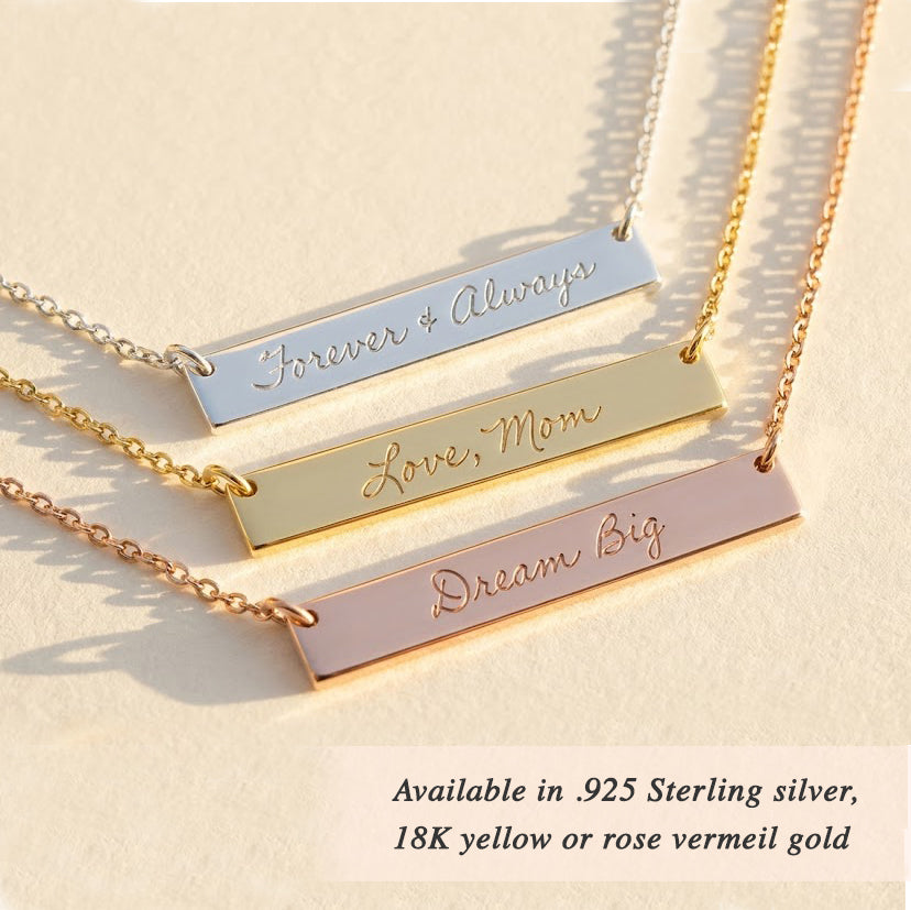 Personalized engraved bar necklace available in sterling silver, 14k gold filled and rose gold filled, minimalist custom name bar pendant necklace.