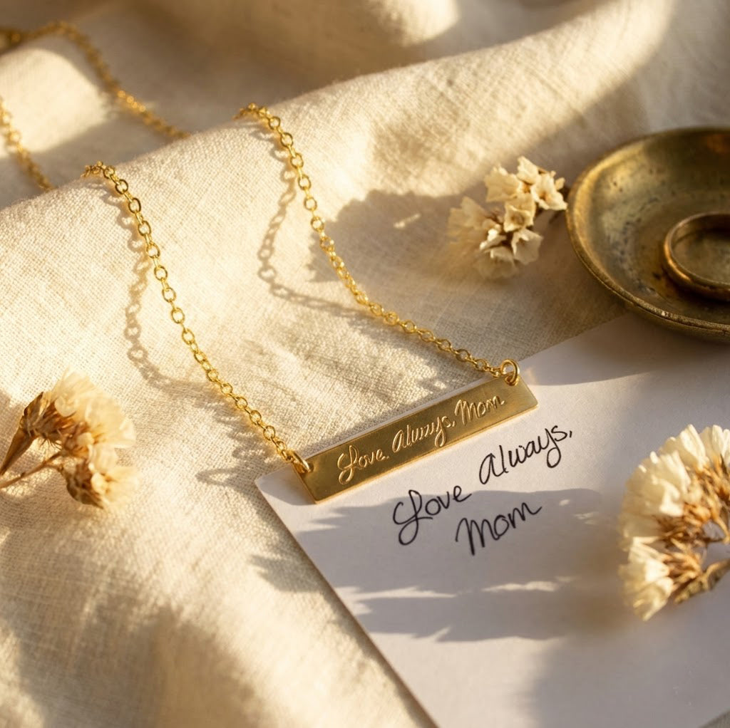 Actual handwriting engraved necklace examples, personalized signature bar necklace with custom message engraving, meaningful keepsake jewelry gift.
