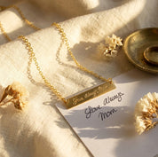 Actual handwriting engraved necklace examples, personalized signature bar necklace with custom message engraving, meaningful keepsake jewelry gift.