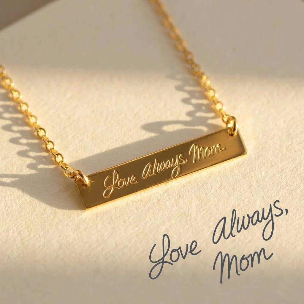 Custom engraved bar necklace in gold with handwriting message “Love Always Mom,” minimalist personalized necklace gift for mom, dainty gold bar pendant on delicate chain jewelry.