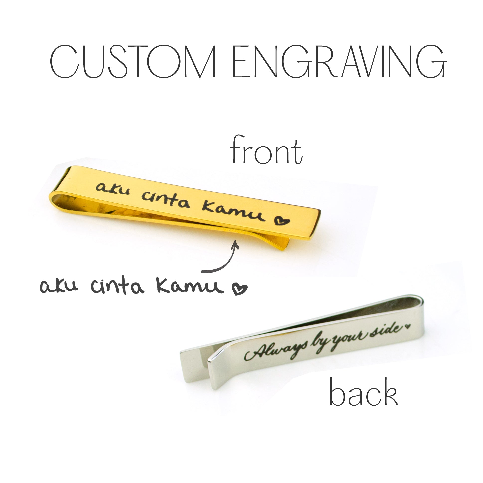 Custom engraving options shown on silver and gold tie clips, featuring names, coordinates, and special messages on front and back for a personalized keepsake gift for him.