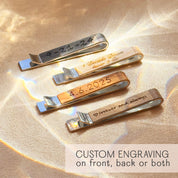 Personalized wood tie clips with engraving on front, back, or both sides. Choose from a variety of woods and fonts, or send handwriting for a unique keepsake. Great for weddings, groomsmen, best man, 5th anniversary wood gifts, Father’s Day, or graduation. Adds a unique and personal touch to men’s formal wear for business or special occasions.